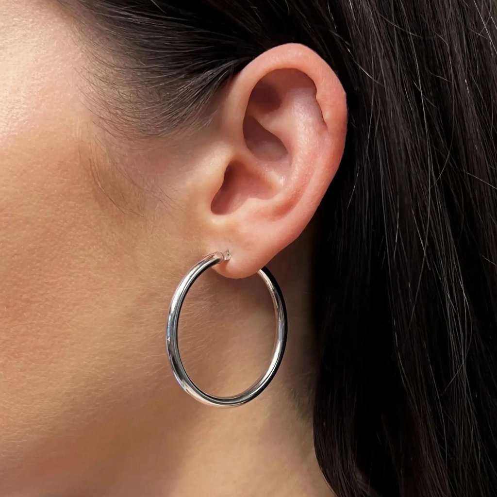 Rachel Koen Medium Hoop Hollow Earrings 14k White Gold 1.5 Inches
